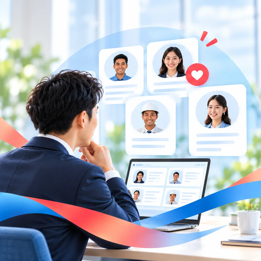 パソコンで人材のプロフィールカードを見比べる担当者